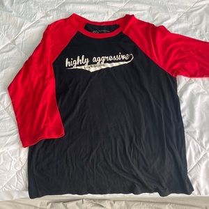 Livesore Brand Baseball Tee, red/black, “Highly Aggressive”, size XL